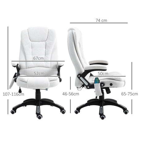 Vinsetto Massage Recliner Chair Heated Office Chair with Six Massage Points Linen-Feel Fabric 360 Swivel Wheels Cream White