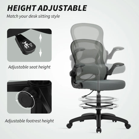 Vinsetto Drafting Chair, Ergonomic Tall Office Chair with Flip-up Armrests, Mesh Back, Lumbar Support, Adjustable Height and Foot Ring, Swivel Wheels, for Standing Desk, Charcoal Grey