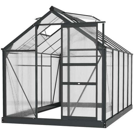 Outsunny 6 x 10ft Polycarbonate Greenhouse, Large Walk-In Green House with Slide Door and Window, Garden Plants Grow House with Aluminium Frame and Foundation, Grey