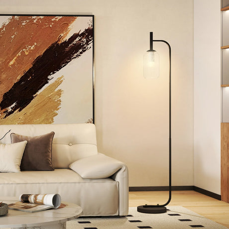 HOMCOM Floor Lamp for Living Room with Glass Lampshade, Modern Standing Lamp with Foot Switch for Bedroom, Bulb not Included, Black