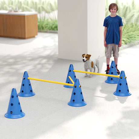 PawHut Dog Agility Equipment Set of Six Cones, Six Poles with Carry Bag, Three-Piece Adjustable Height Jumping Obstacles, Blue