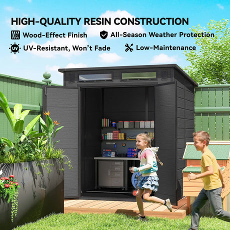 Outsunny 6 x 6 ft Plastic Garden Shed, Wood-Effect Outdoor Storage Shed with Floor, Windows, Lockable Doors and Vents, Dark Grey