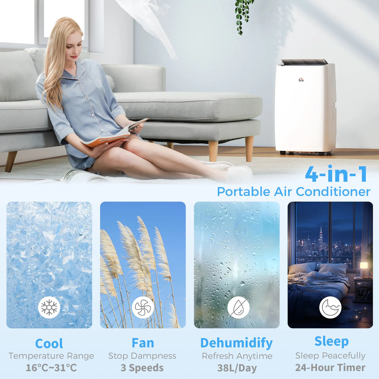 HOMCOM Portable Air Conditioner 12000 BTU, 4-in-1 Air Conditioning Unit, Dehumidifier, Cooling, Fan, Sleep Mode with 2 Speeds, Remote, LED Display, 24H Timer, Window Kit, Child Lock, 35m2, Cream