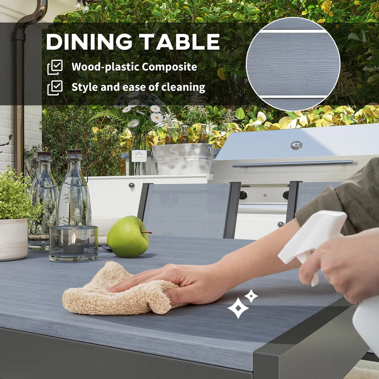 Outsunny Seven-Piece Garden Dining Set, with Plastic Wood-Top Table - Grey