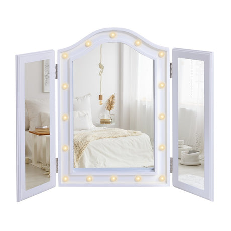 HOMCOM Trifold Freestanding Mirror, Lighted Tabletop Vanity Mirror Large Cosmetic w/16 LED Lights powered by batteries Foldable For Bedroom- White