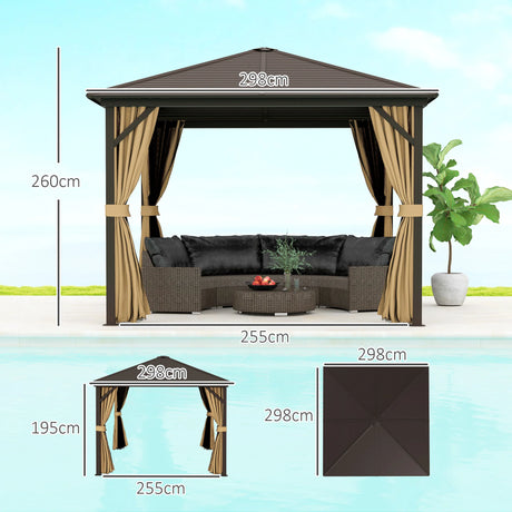 Outsunny 3 x 3(m) Metal Hardtop Gazebo, with Curtains and Accessories - Brown