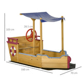 Outsunny Kids Wooden Sandpit, Children Sandbox Pirate Ship, Sandboat Play Station for Outdoor w/ Canopy Shade Storage Bench Bottom Liner
