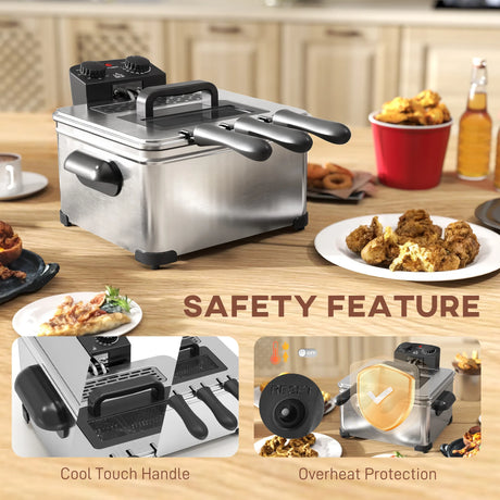 HOMCOM 5 Litre Deep Fat Fryer with Adjustable Temperature & Timer, 2000W Stainless Steel Deep Fryer with Removable Oil Basket and Viewing Window, for Chips Fried Chicken