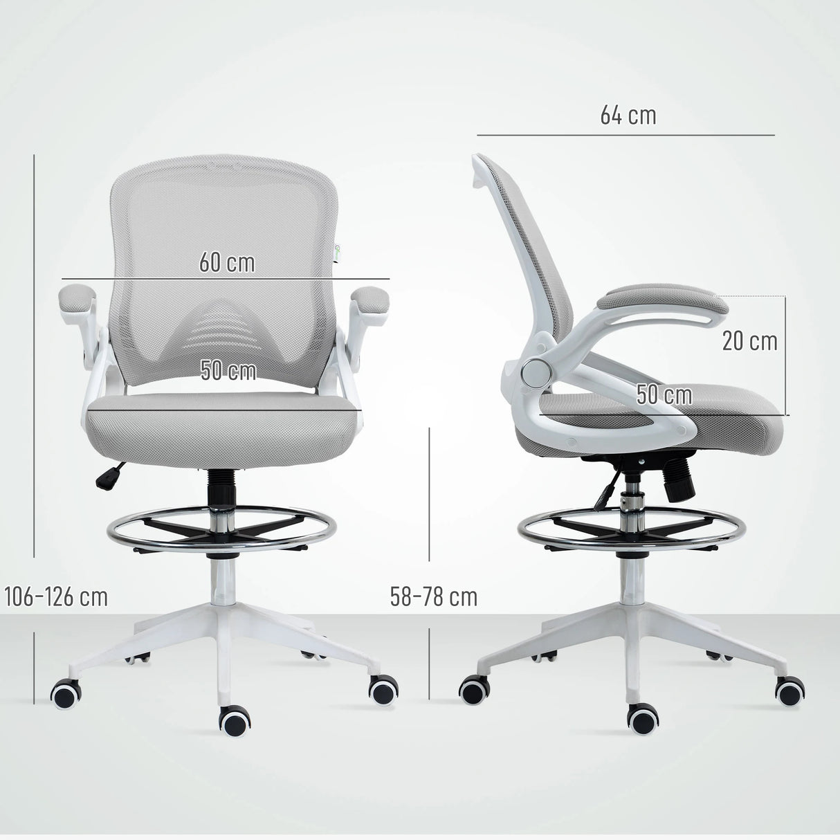 Vinsetto Drafting Chair with Flip-up Armrest, Mesh Office Stool with Foot Ring, 360 Degree Swivel Height Adjustable Chair for Standing Desk, Light Grey