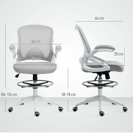 Vinsetto Drafting Chair with Flip-up Armrest, Mesh Office Stool with Foot Ring, 360 Degree Swivel Height Adjustable Chair for Standing Desk, Light Grey