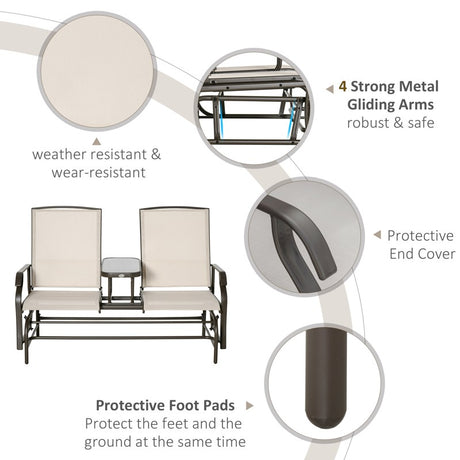 Outsunny 2 Seats Garden Glider Bench, Metal Frame Loveseat with Glass Top  Centre Table, Porch Rocking Glider for 2 Person, for Deck, Patio, Brown/ Khaki