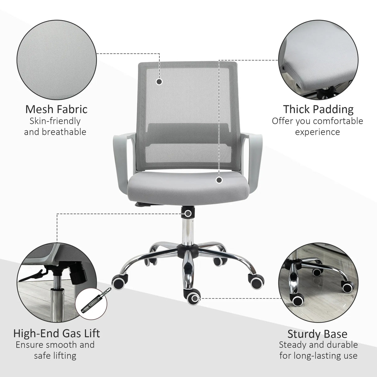 Vinsetto Ergonomic Desk Chair Mesh Office Chair with Adjustable Height Armrest and 360 Swivel Castor Wheels Grey