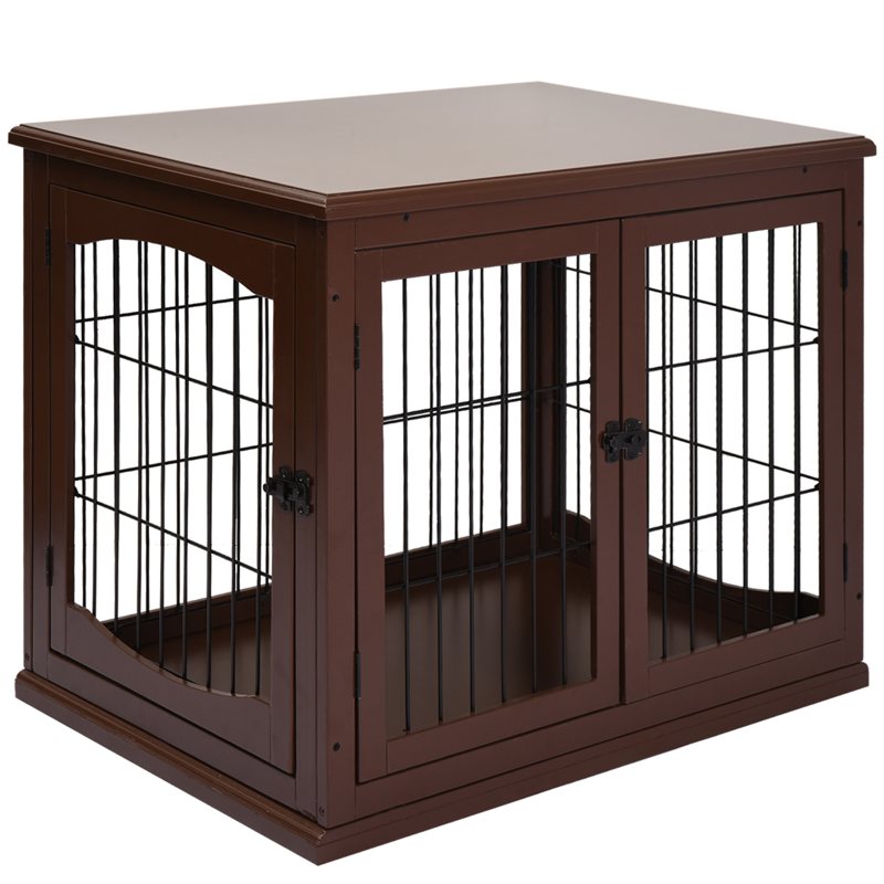 PawHut Dog Crate, Furniture Style Puppy Cage End Table, Pet Kennel House with 3 Doors for Small Dog, Brown 81 x 58.5 x 66 cm