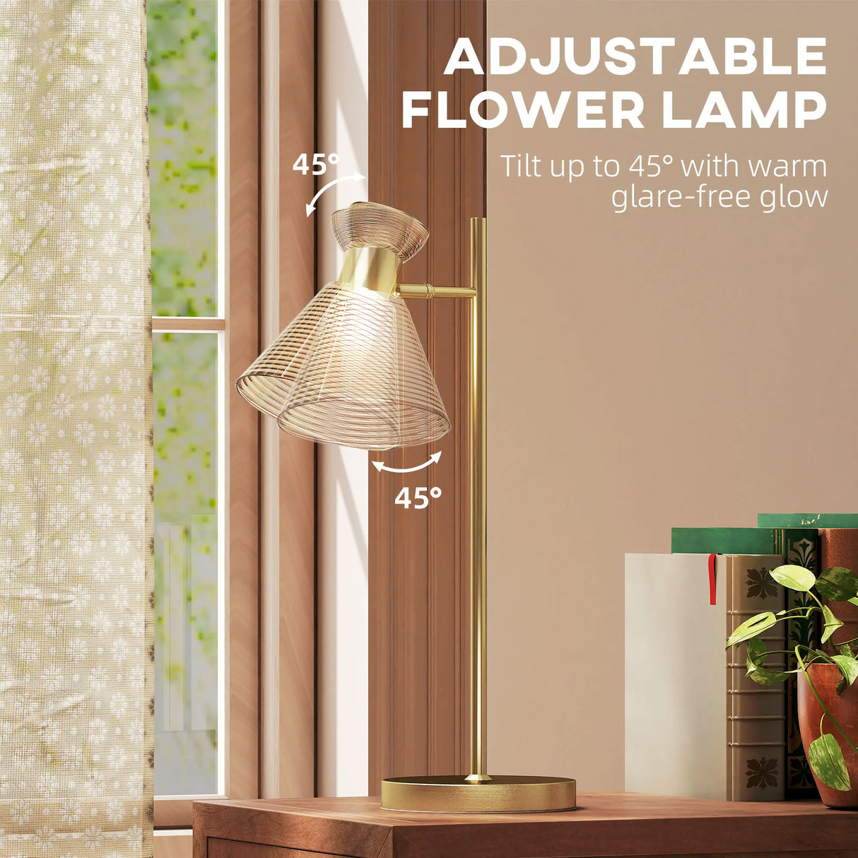 HOMCOM Modern Table Lamp, Bedside Lamp with Adjustable Flower-Shaped Head and E27 Socket for Living Room Bedroom Study, Bulb Not Included, Gold Tone