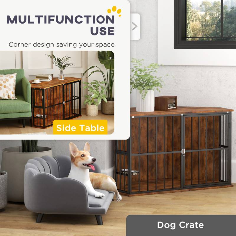 PawHut Corner Dog Crate Furniture with 2 Bowls, Lockable Doors, for Small Medium Dogs, Rustic Brown