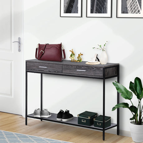 HOMCOM Console Table Worktop Bottom Shelf Home Two Drawer Industrial Minimal Style Grey Wood Tone Effect