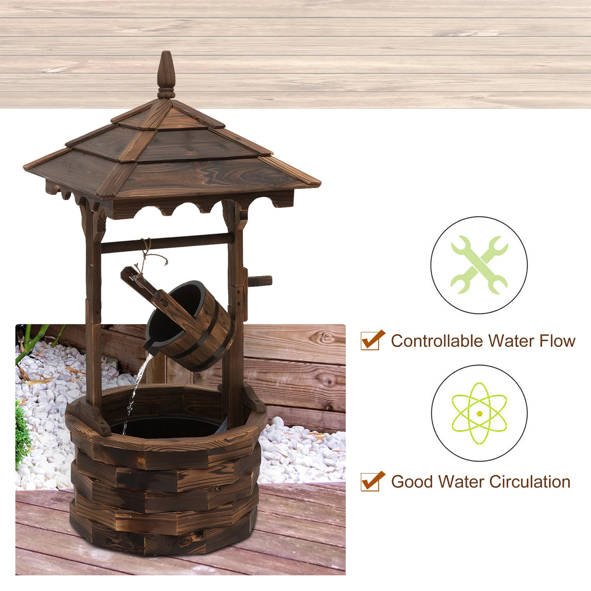 Outsunny Wooden Garden Wishing Well Fountain Barrel Waterfall Rustic Wood with Pump Garden Dcor Ornament