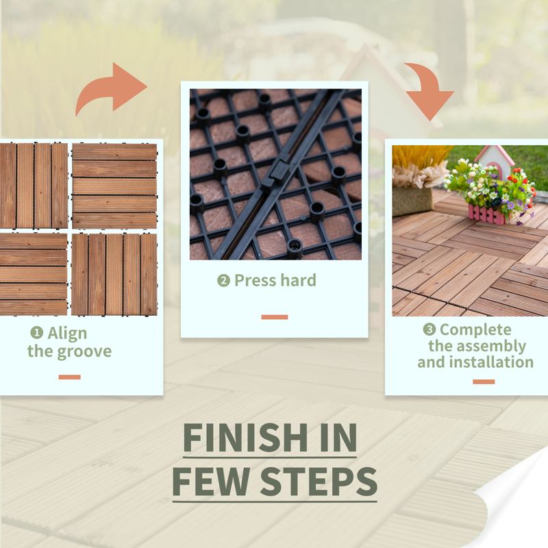 Outsunny 27 Pcs Solid Wood Interlocking Decking Tiles For Patio, Balcony, Roof Terrace, Hot Tub, Brown, (30 x 30 cm Per Piece)