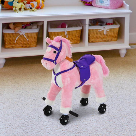 HOMCOM Rocking Horse Kids Ride on Walking Horse Animal Pony Wheeled Riding Plush Toy w/Sound for 3 Years and Up (Pink)