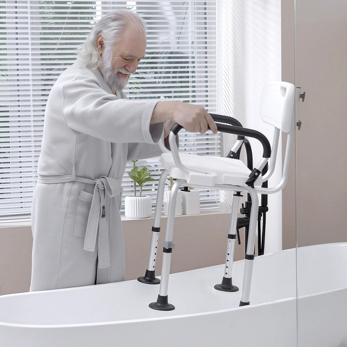 HOMCOM Shower Chair for the Elderly and Disabled, Height Adjustable Shower Stool with Back and Flipped Padded Arms, Suction Foot Pads, White