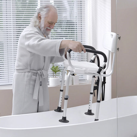 HOMCOM Shower Chair for the Elderly and Disabled, Height Adjustable Shower Stool with Back and Flipped Padded Arms, Suction Foot Pads, White