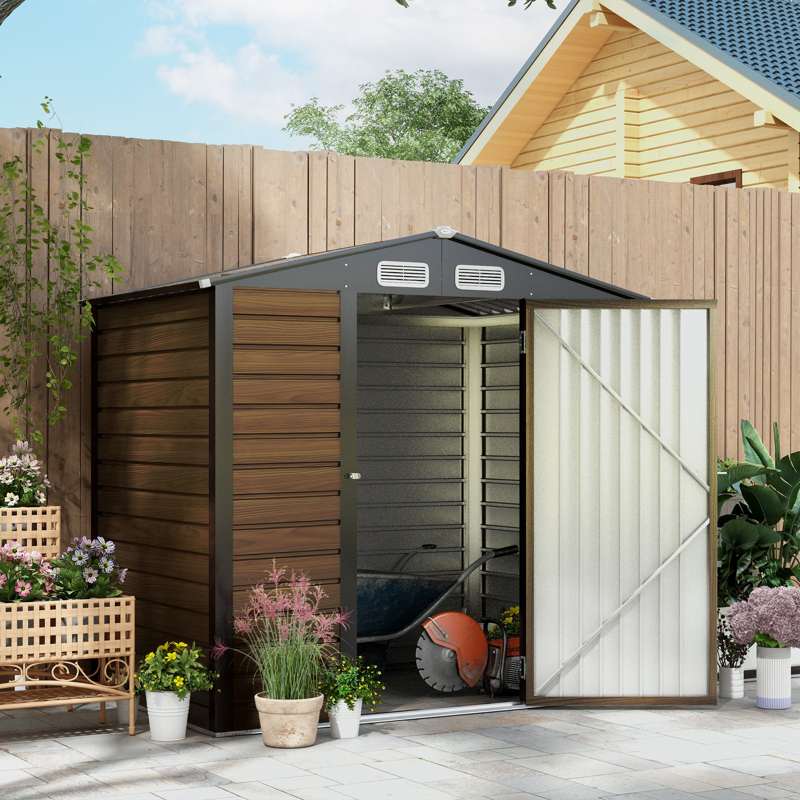 Outsunny 4 x 6ft Galvanised Steel Garden Shed, with Lock and Gloves - Oak