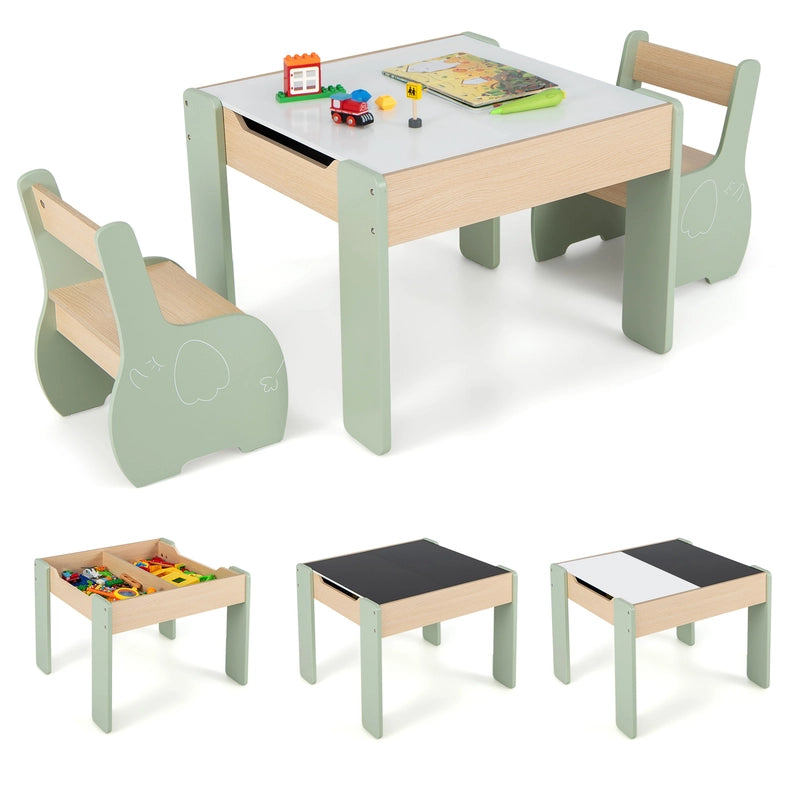 4 in 1 3 pcs. Wooden Children&#39;s Lounge Set With Removable Panel &amp; Storage Green