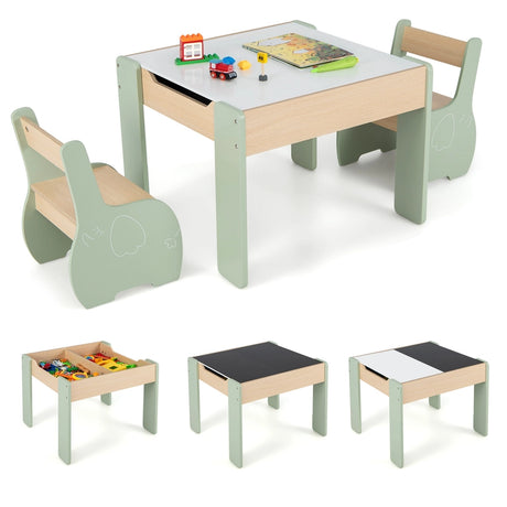 4 in 1 3 pcs. Wooden Children&#39;s Lounge Set With Removable Panel &amp; Storage Green