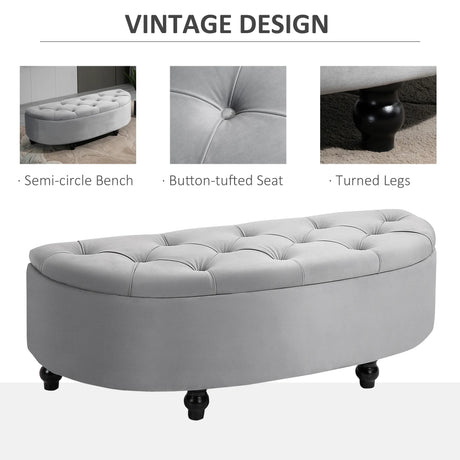 HOMCOM Semi-Circle Ottoman Storage Bench, Bed End Bench, Tufted Upholstered Window Seat Footrest Stool with Rubberwood Legs for Bedroom & Entryway, 120 x 46 x 42 cm, Light Grey