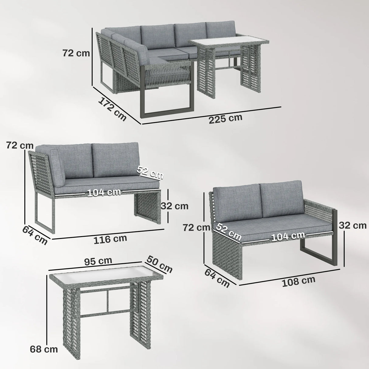 Outsunny 6 Seater Rattan Garden Furniture Set with 3 Loveseats, Table, Patio Rattan Furniture Corner Sofa Set, Grey