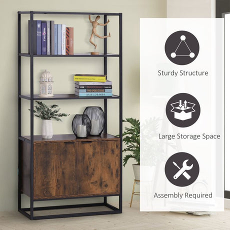 HOMCOM Industrial Bookshelf, Storage Shelf, Large Bookcase with 3 Open Shelves, Multifunctional Rack for Living Room, Office, Rustic Brown and Black