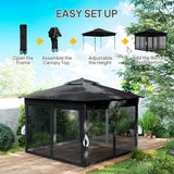 Outsunny 3.36 x 3.36m Pop Up Gazebo Party Tent with Solar-Powered LED Lights, Adjustable Event Shelter with Netting, Black