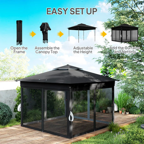 Outsunny 3.36 x 3.36m Pop Up Gazebo Party Tent with Solar-Powered LED Lights, Adjustable Event Shelter with Netting, Black