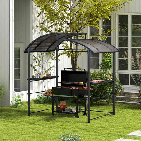 Outsunny 2.4 x 1.5m Outdoor Grill Gazebo with Side Shelves, PC Board Roof, Dark Grey