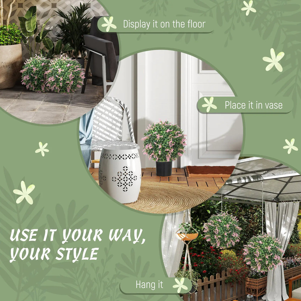 HOMCOM Set of 2 Artificial Plant Topiary Balls, UV-protected Fake Decorative Plants, Pink