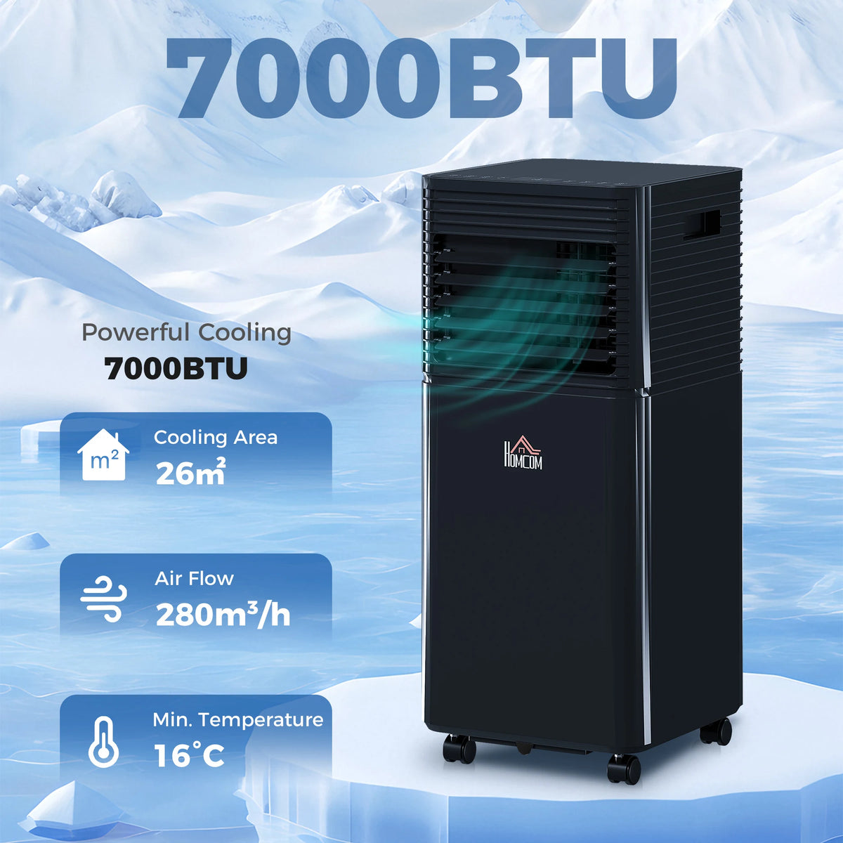 HOMCOM 7000 BTU 4-In-1 Portable Air Conditioner Unit Cooling Dehumidifying Ventilating  for Room up to 26m2, with Fan, Remote, 24H Timer, Window Mount Kit, R290, A Energy Efficiency