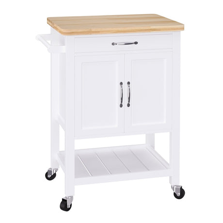 HOMCOM Kitchen Storage Trolley Cart Rolling Wheels Shelves Cupboard W/ Drawer And Towel Rail Rubber Wood Worktop White