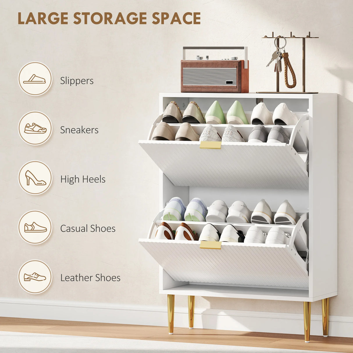 HOMCOM Elegant Two-Drawer Shoe Cabinet - White