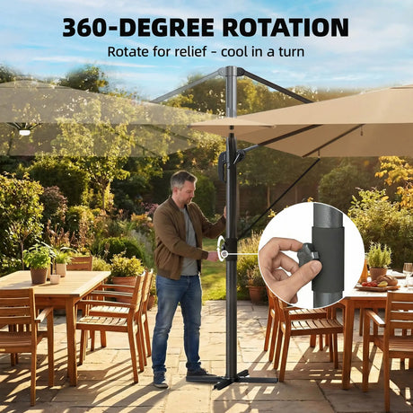 Outsunny 3 x 3 m Garden Cantilever Parasol with Light, Cover, Overhanging Umbrella w/ Wind Protection, 360 Rotation, Khaki