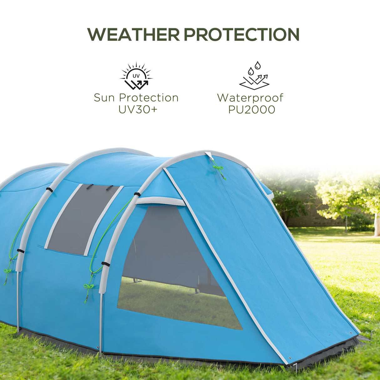 Outsunny 3-4 Man Tunnel Tent, Two Room Camping Tent with Windows, Portable Carry Bag, for Fishing, Hiking, Sports, Festival - Blue