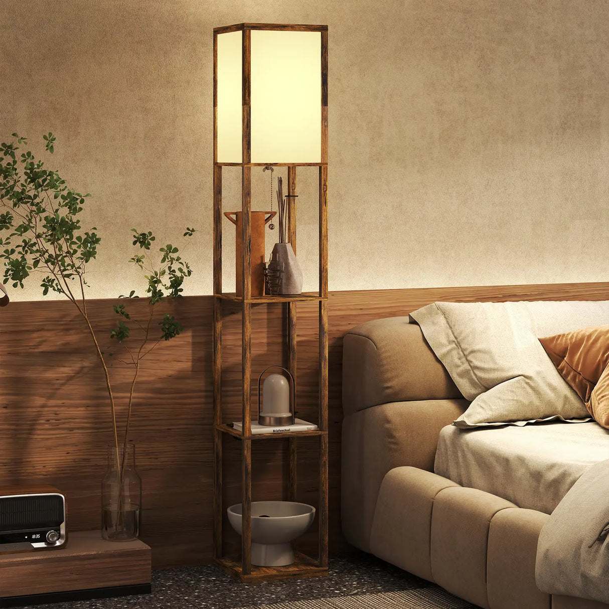 HOMCOM Floor Lamp with Shelves, 4 Layer Standing Lamp with USB Ports, 3 Colour Temperature, Rustic Brown