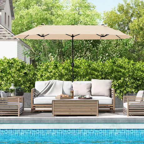 13 Feet Double-Sided Patio Twin Table Umbrella with Crank Handle-Beige