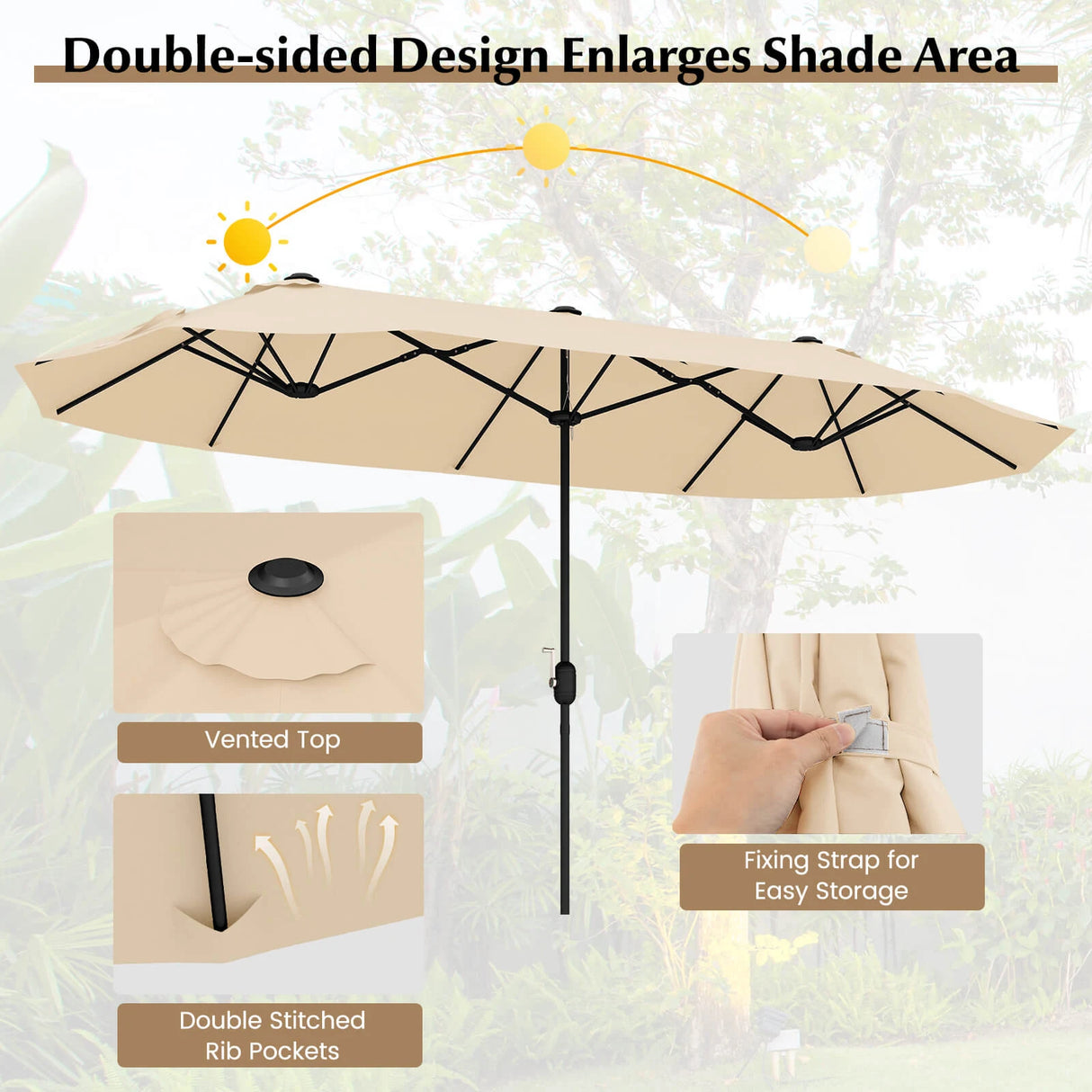 13 Feet Double-Sided Patio Twin Table Umbrella with Crank Handle-Beige