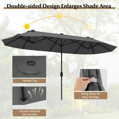 13 Feet Double-Sided Patio Twin Table Umbrella with Crank Handle-Gray