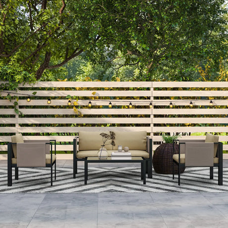 Outsunny 4 Piece Metal Garden Furniture Set with Tempered Glass Coffee Table, Texteline Pocket, Outdoor Set Loveseat Single Armchairs with Padded Cushions, Khaki
