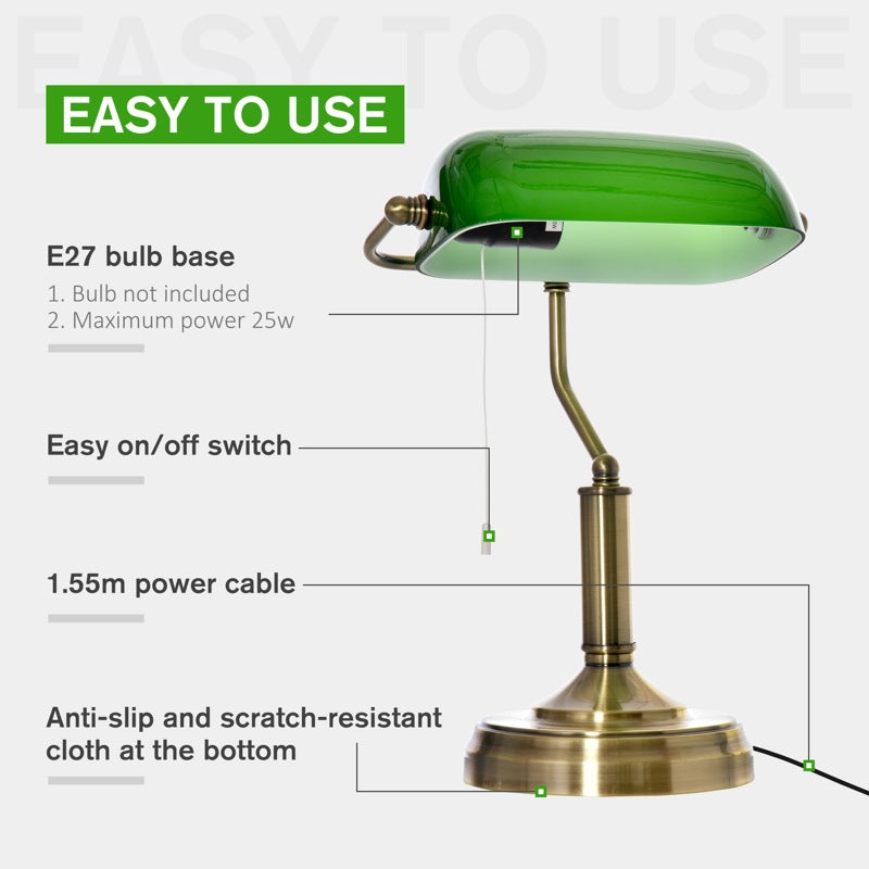 HOMCOM Banker's Desk Lamp with Antique Bronze Tone Base, Table Lamp with Green Glass Shade for Home Office, Green