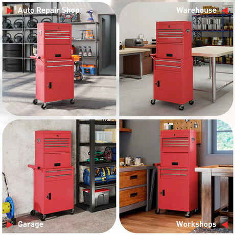 HOMCOM Three-Part Steel Locking Tool Chest - Red