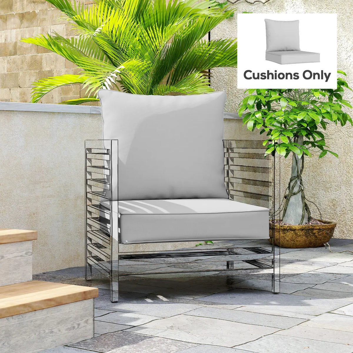 Outsunny Outdoor Seat and Back Cushion Set, 63L x 55W x 15Dcm Patio Deep Seating Chair Fade Resistant Replacement Cushion, Light Grey