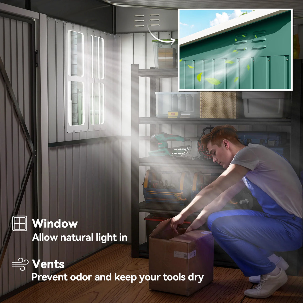 Outsunny 8.5 x 6ft Storage Shed Galvanised Steel Garden Shed, Metal Shed with Foundation Kit, Window, Lockable Wide Doors and Air Vents for Outdoor Patio, Green