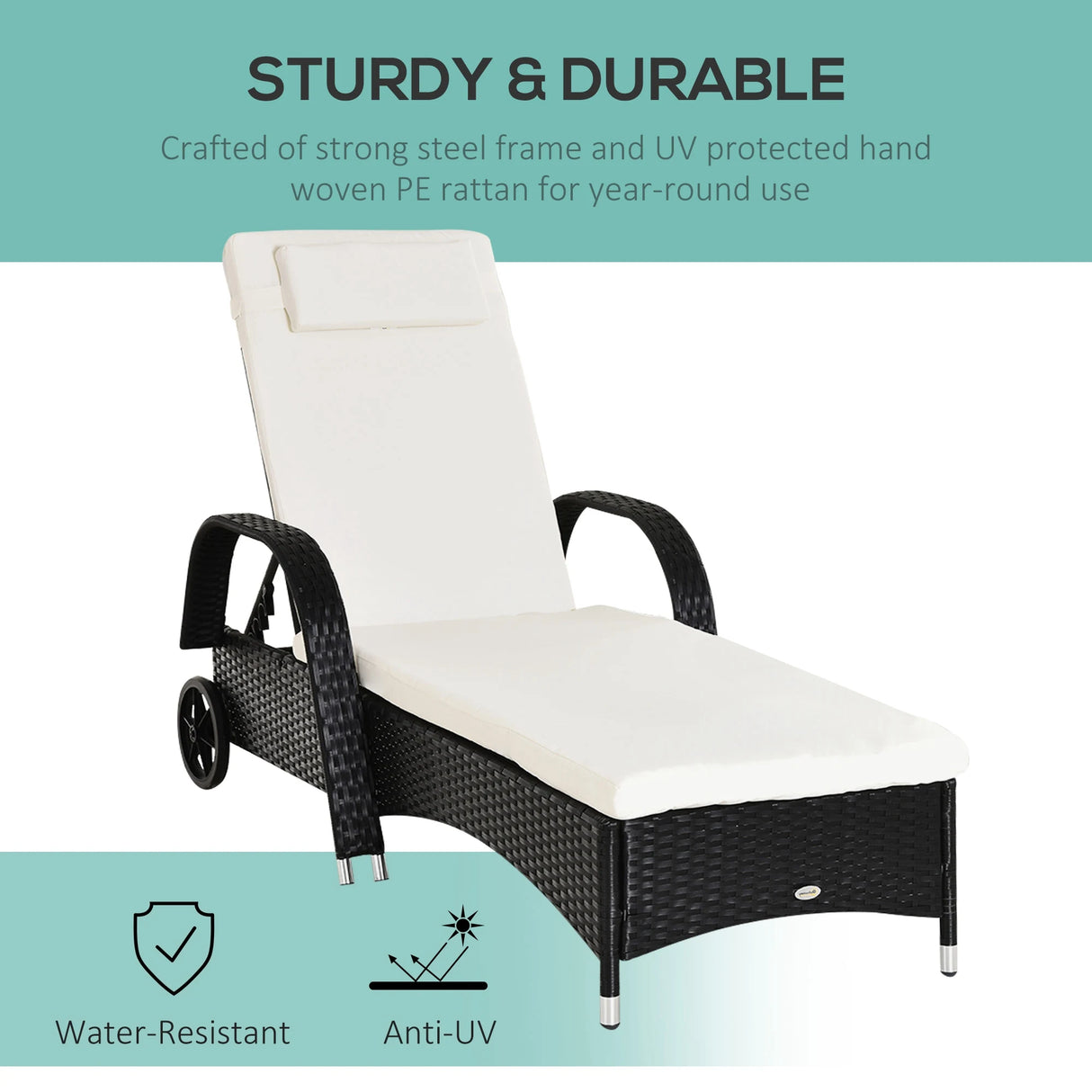 Outsunny Rattan Sun Lounger, Garden Lounger Recliner with Wheels and Adjustable Backrest, Outdoor Reclining Sunbed Garden Chair with Cushion and Headrest for Patio, Beach, Terrace, Black